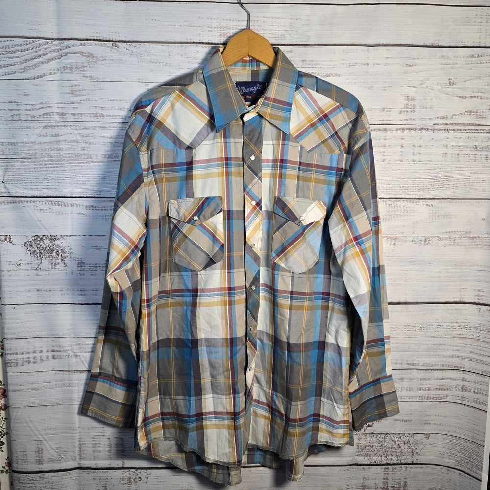 Wrangler western plaid pearl snap shirt With chest‎ pockets 16.5-34 X-Long Tails